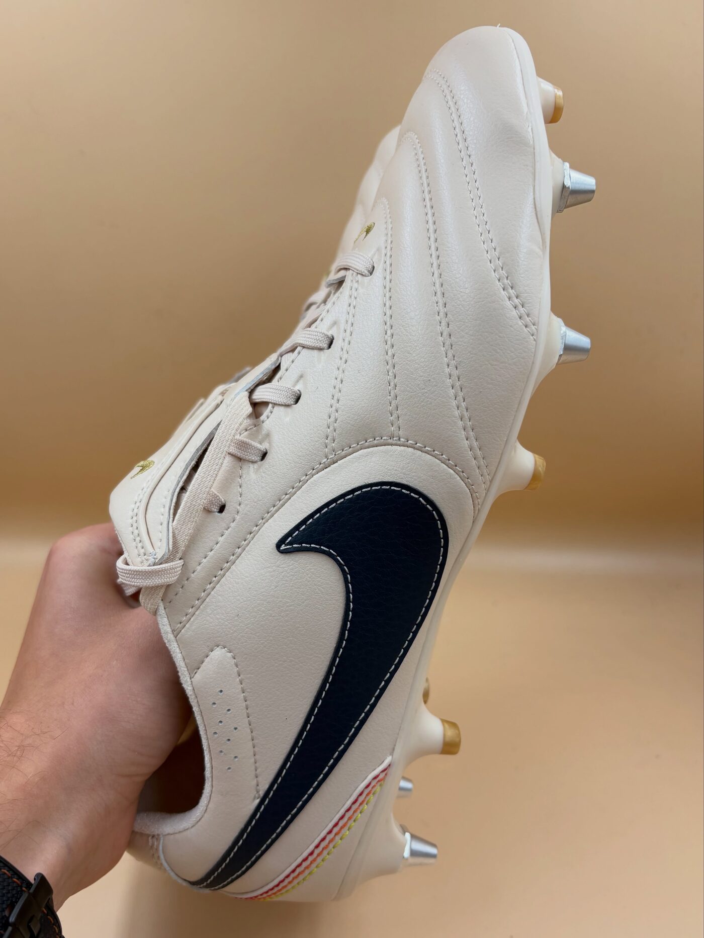 Freshly converted white Tiempo football boot